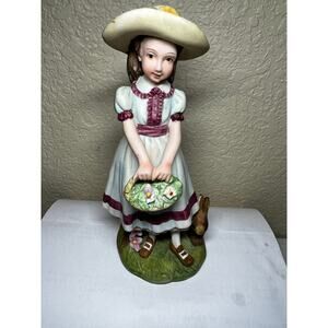 Vintage Lefton China 7"  Girl W/Flower Basket Bunny KW1464  Hand Painted 0051